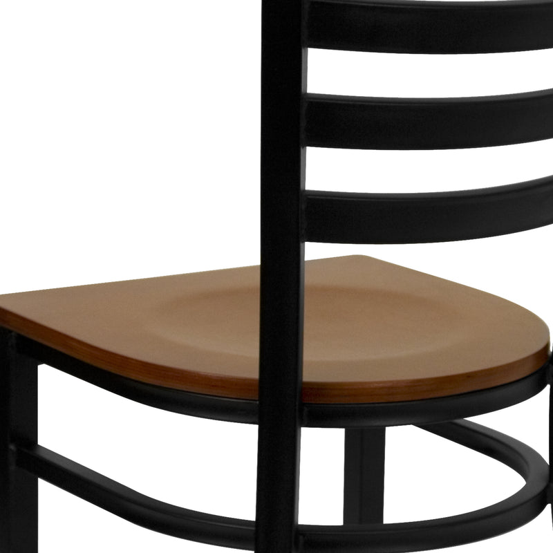 SINGLEWAVE Series Black Ladder Back Metal Restaurant Chair - Cherry Wood Seat