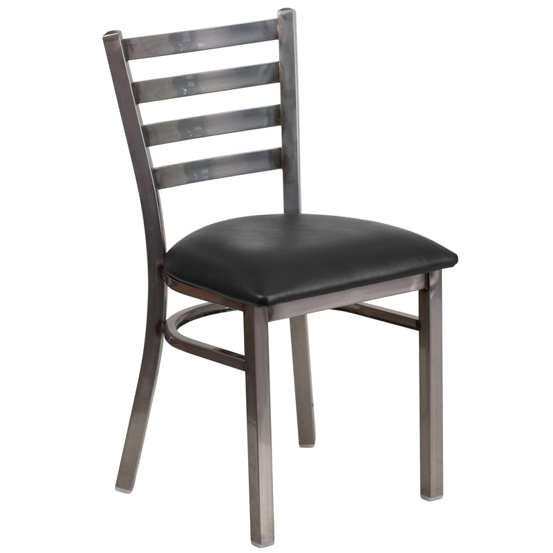 SINGLEWAVE Series Clear Coated Ladder Back Metal Restaurant Chair - Black Vinyl Seat