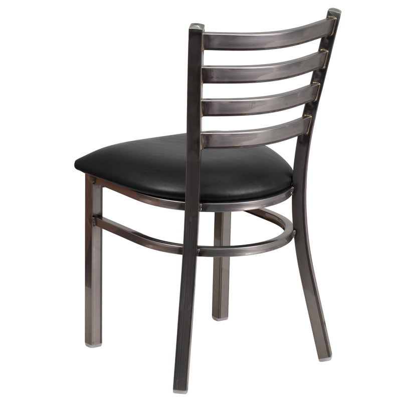 SINGLEWAVE Series Clear Coated Ladder Back Metal Restaurant Chair - Black Vinyl Seat