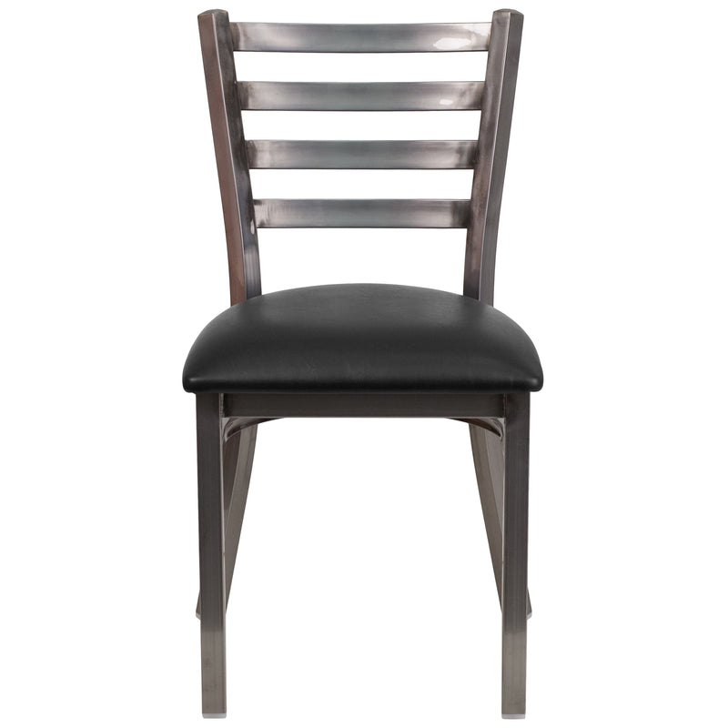 SINGLEWAVE Series Clear Coated Ladder Back Metal Restaurant Chair - Black Vinyl Seat