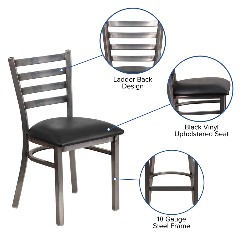 SINGLEWAVE Series Clear Coated Ladder Back Metal Restaurant Chair - Black Vinyl Seat