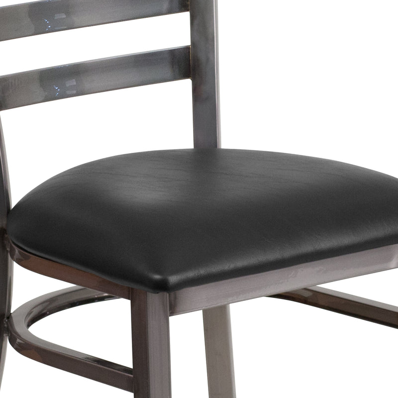 SINGLEWAVE Series Clear Coated Ladder Back Metal Restaurant Chair - Black Vinyl Seat