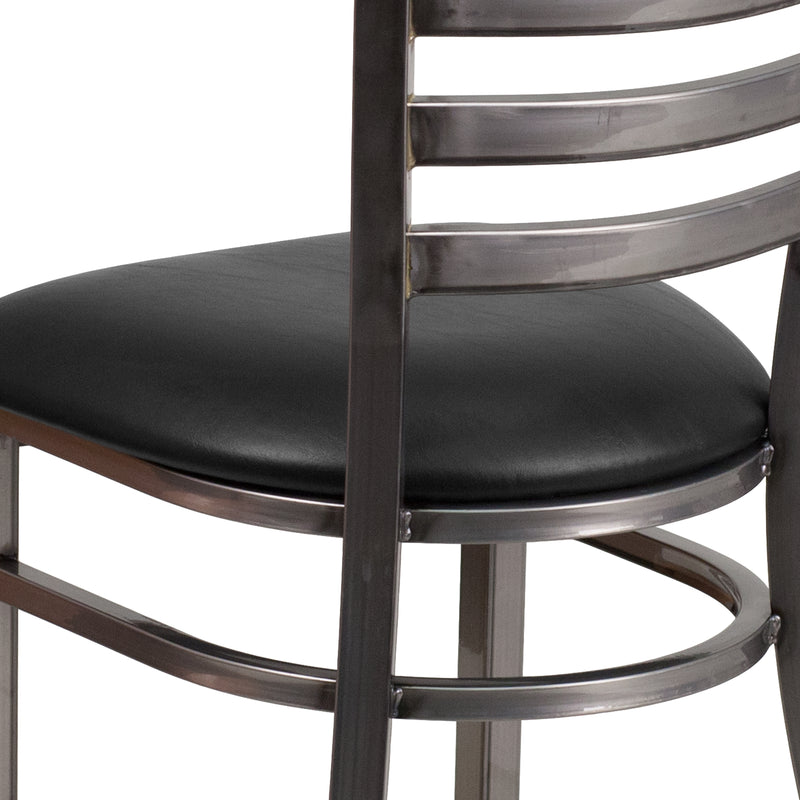 SINGLEWAVE Series Clear Coated Ladder Back Metal Restaurant Chair - Black Vinyl Seat