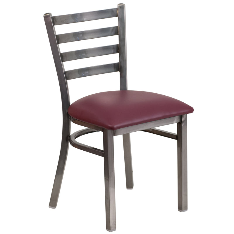 SINGLEWAVE Series Clear Coated Ladder Back Metal Restaurant Chair - Burgundy Vinyl Seat