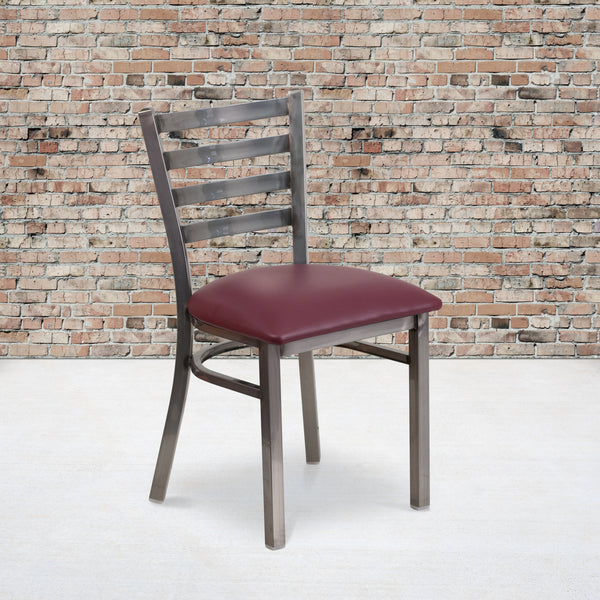 SINGLEWAVE Series Clear Coated Ladder Back Metal Restaurant Chair - Burgundy Vinyl Seat