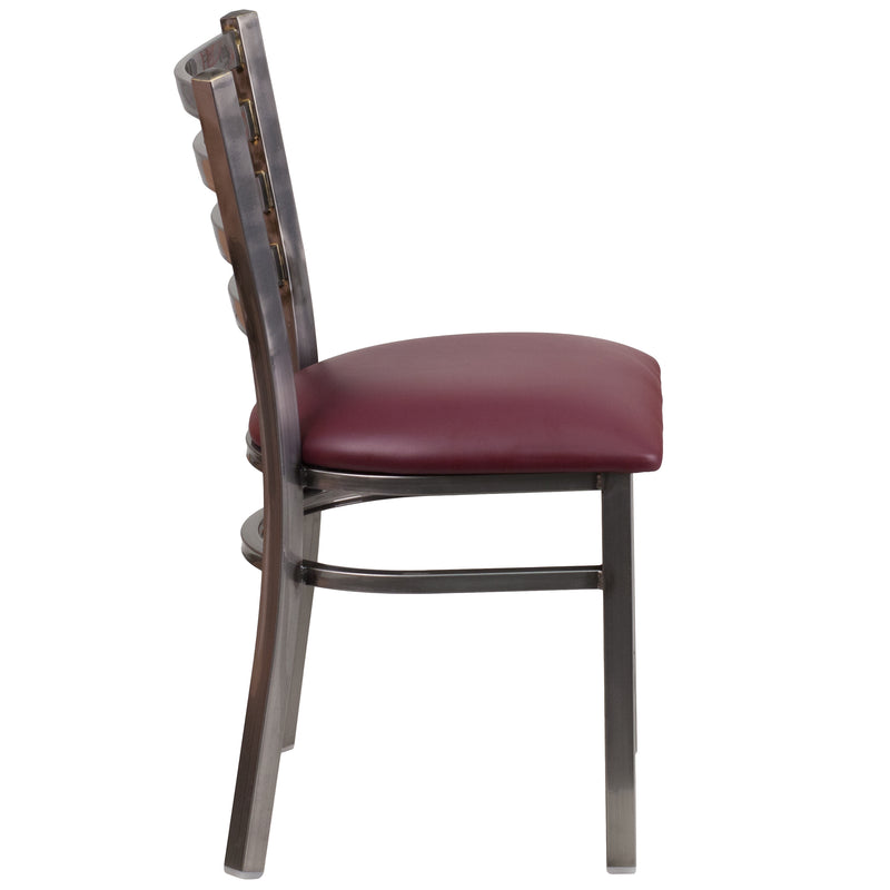 SINGLEWAVE Series Clear Coated Ladder Back Metal Restaurant Chair - Burgundy Vinyl Seat