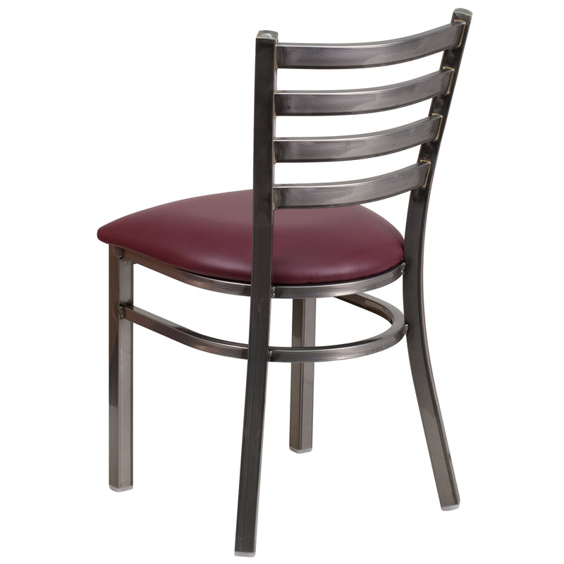 SINGLEWAVE Series Clear Coated Ladder Back Metal Restaurant Chair - Burgundy Vinyl Seat