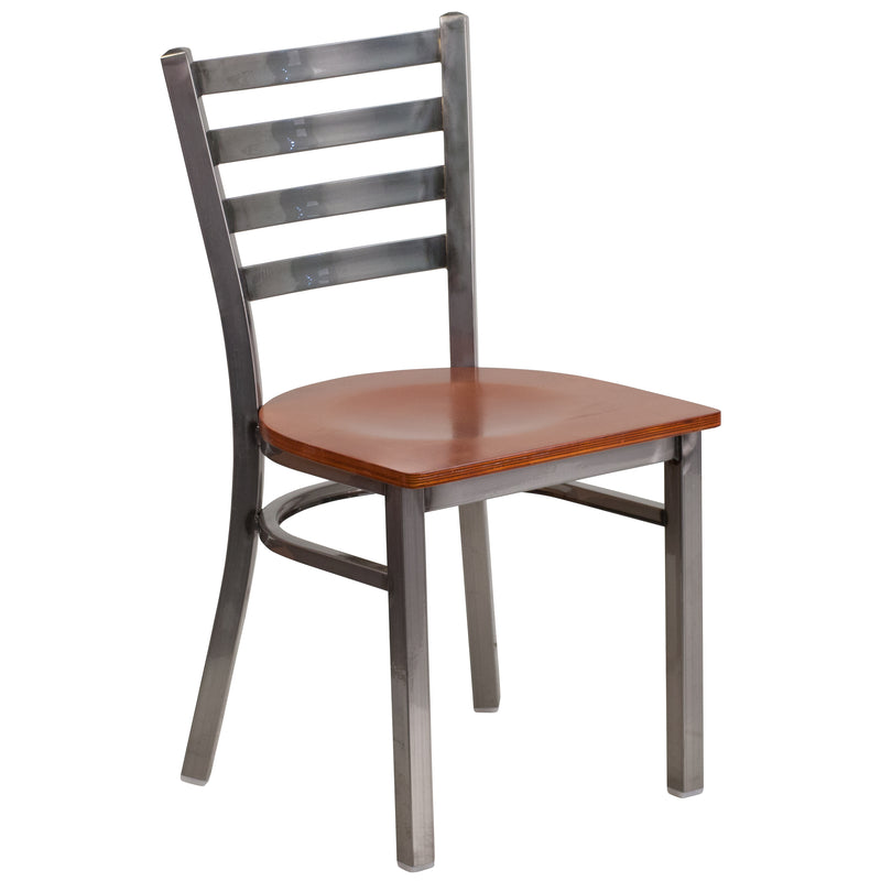 SINGLEWAVE Series Clear Coated Ladder Back Metal Restaurant Chair - Cherry Wood Seat