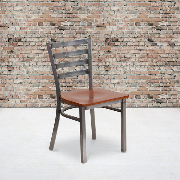 SINGLEWAVE Series Clear Coated Ladder Back Metal Restaurant Chair - Cherry Wood Seat