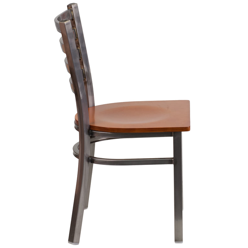 SINGLEWAVE Series Clear Coated Ladder Back Metal Restaurant Chair - Cherry Wood Seat