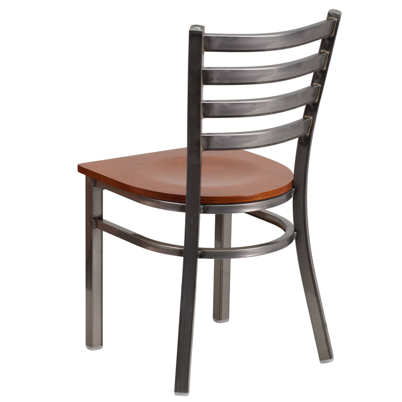 SINGLEWAVE Series Clear Coated Ladder Back Metal Restaurant Chair - Cherry Wood Seat