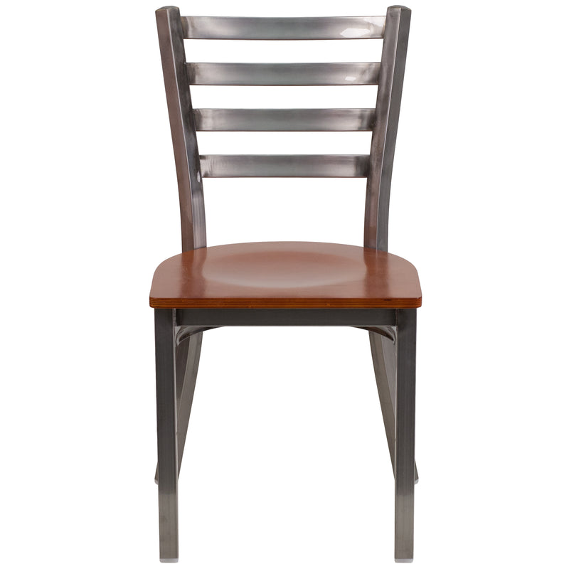 SINGLEWAVE Series Clear Coated Ladder Back Metal Restaurant Chair - Cherry Wood Seat