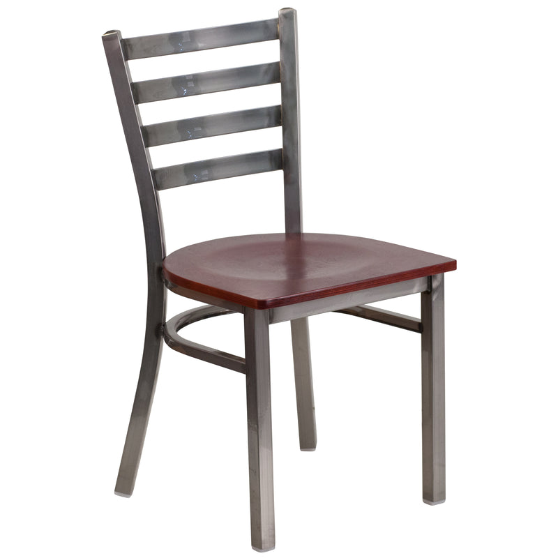 SINGLEWAVE Series Clear Coated Ladder Back Metal Restaurant Chair - Mahogany Wood Seat