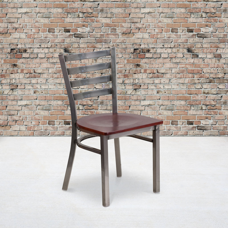 SINGLEWAVE Series Clear Coated Ladder Back Metal Restaurant Chair - Mahogany Wood Seat