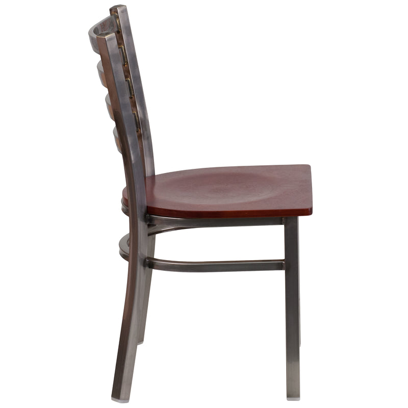 SINGLEWAVE Series Clear Coated Ladder Back Metal Restaurant Chair - Mahogany Wood Seat