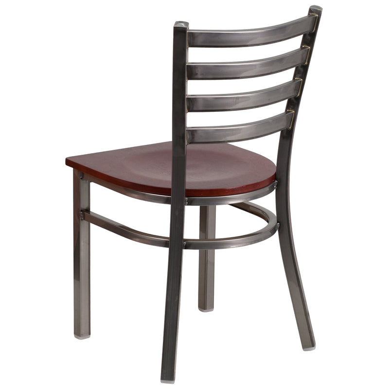 SINGLEWAVE Series Clear Coated Ladder Back Metal Restaurant Chair - Mahogany Wood Seat