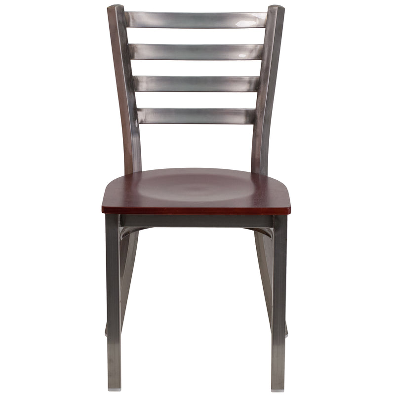 SINGLEWAVE Series Clear Coated Ladder Back Metal Restaurant Chair - Mahogany Wood Seat