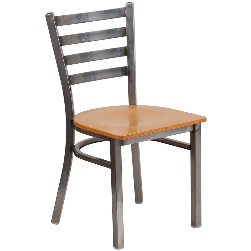 SINGLEWAVE Series Clear Coated Ladder Back Metal Restaurant Chair - Natural Wood Seat