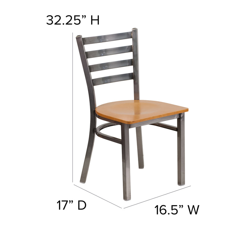 SINGLEWAVE Series Clear Coated Ladder Back Metal Restaurant Chair - Natural Wood Seat