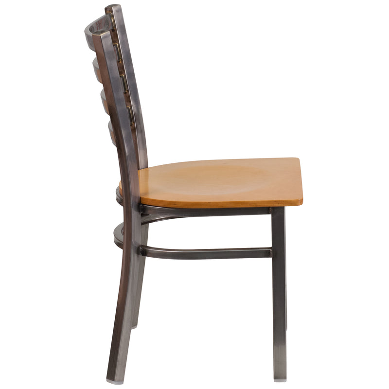 SINGLEWAVE Series Clear Coated Ladder Back Metal Restaurant Chair - Natural Wood Seat