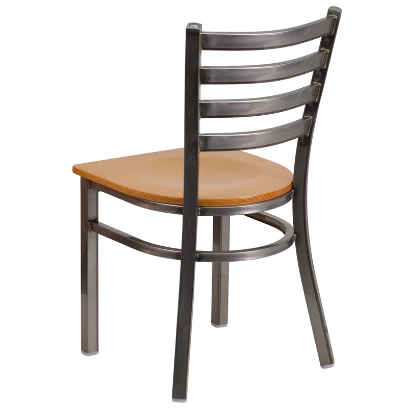 SINGLEWAVE Series Clear Coated Ladder Back Metal Restaurant Chair - Natural Wood Seat