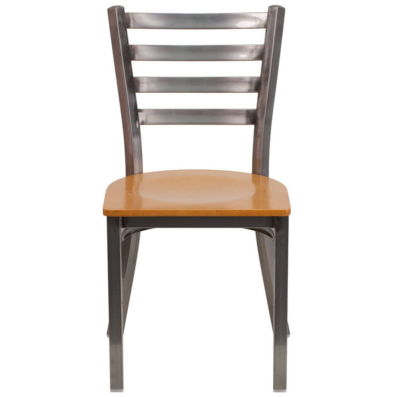 SINGLEWAVE Series Clear Coated Ladder Back Metal Restaurant Chair - Natural Wood Seat