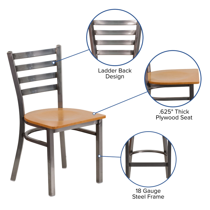 SINGLEWAVE Series Clear Coated Ladder Back Metal Restaurant Chair - Natural Wood Seat