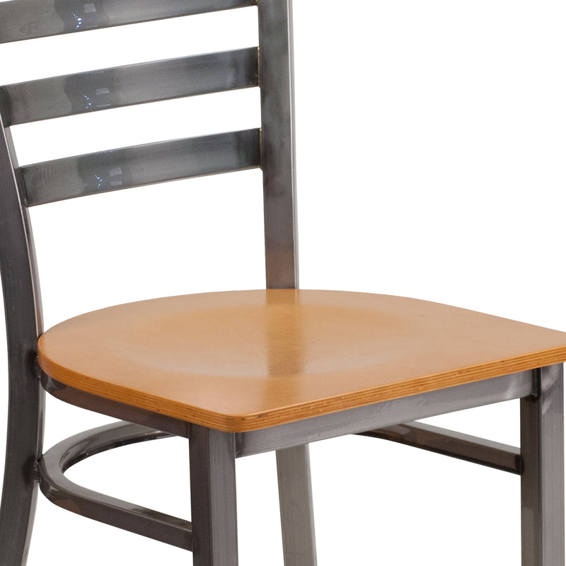 SINGLEWAVE Series Clear Coated Ladder Back Metal Restaurant Chair - Natural Wood Seat