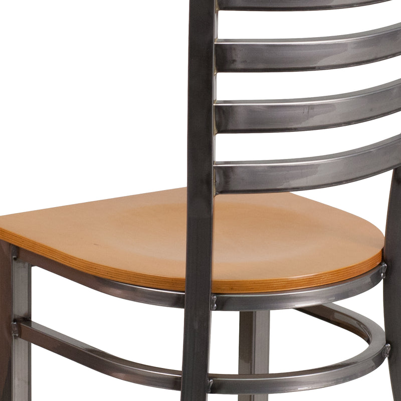 SINGLEWAVE Series Clear Coated Ladder Back Metal Restaurant Chair - Natural Wood Seat