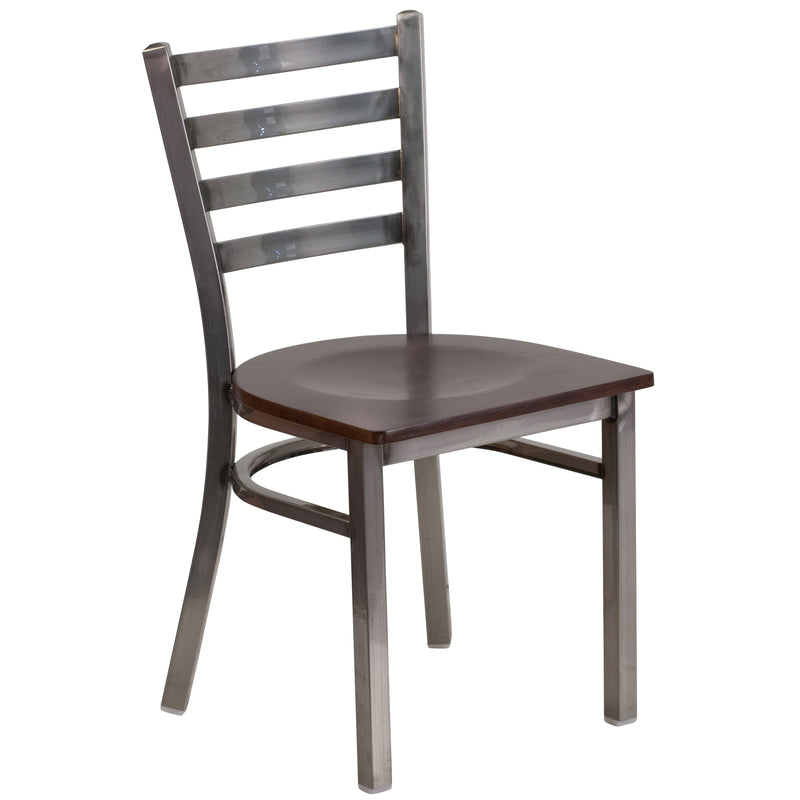 SINGLEWAVE Series Clear Coated Ladder Back Metal Restaurant Chair - Walnut Wood Seat