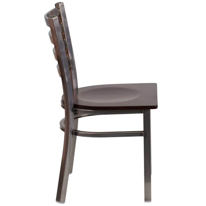 SINGLEWAVE Series Clear Coated Ladder Back Metal Restaurant Chair - Walnut Wood Seat