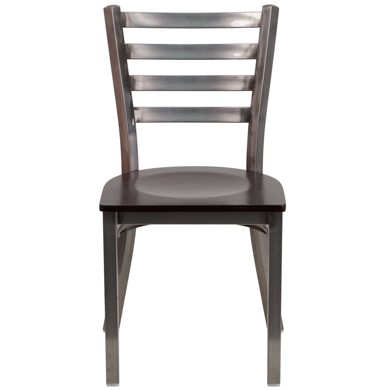 SINGLEWAVE Series Clear Coated Ladder Back Metal Restaurant Chair - Walnut Wood Seat