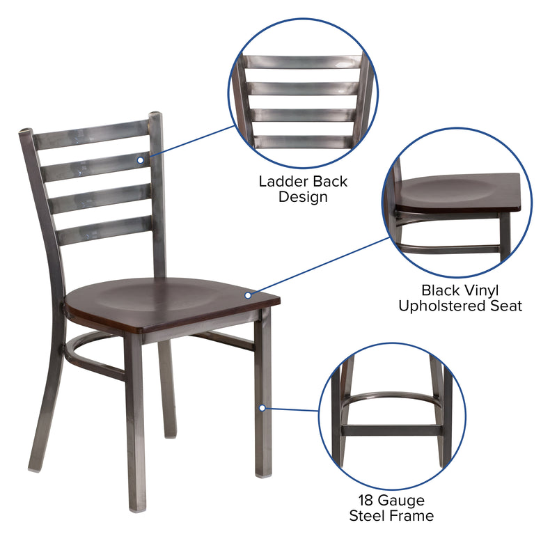 SINGLEWAVE Series Clear Coated Ladder Back Metal Restaurant Chair - Walnut Wood Seat