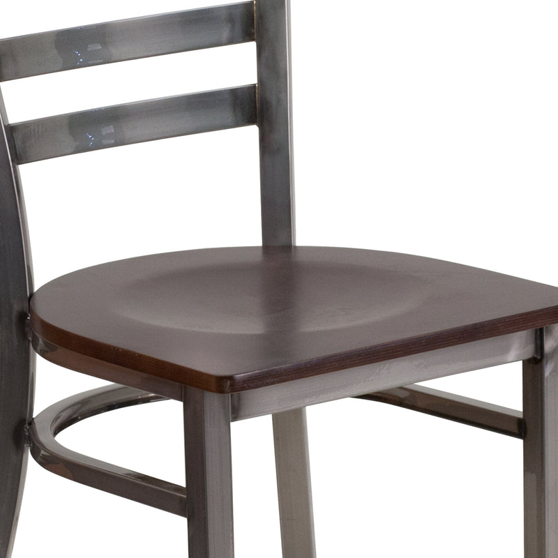 SINGLEWAVE Series Clear Coated Ladder Back Metal Restaurant Chair - Walnut Wood Seat