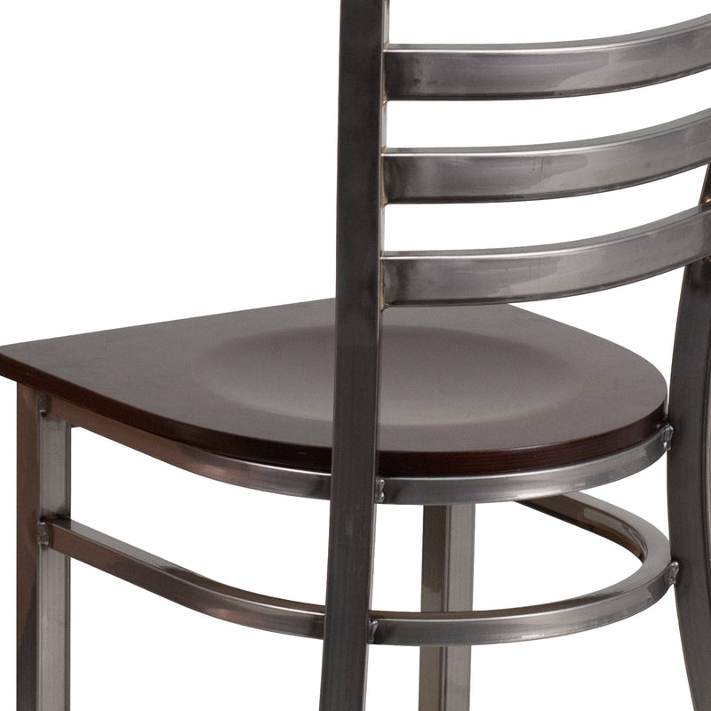 SINGLEWAVE Series Clear Coated Ladder Back Metal Restaurant Chair - Walnut Wood Seat