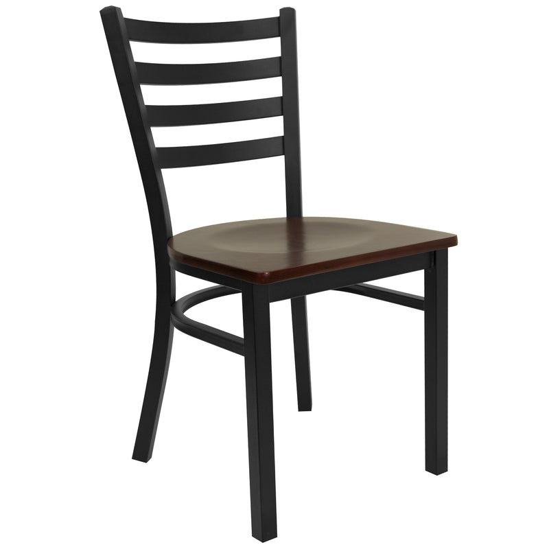 SINGLEWAVE Series Black Ladder Back Metal Restaurant Chair - Mahogany Wood Seat