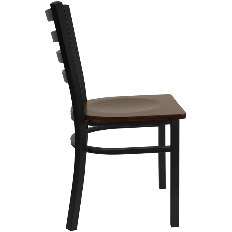 SINGLEWAVE Series Black Ladder Back Metal Restaurant Chair - Mahogany Wood Seat