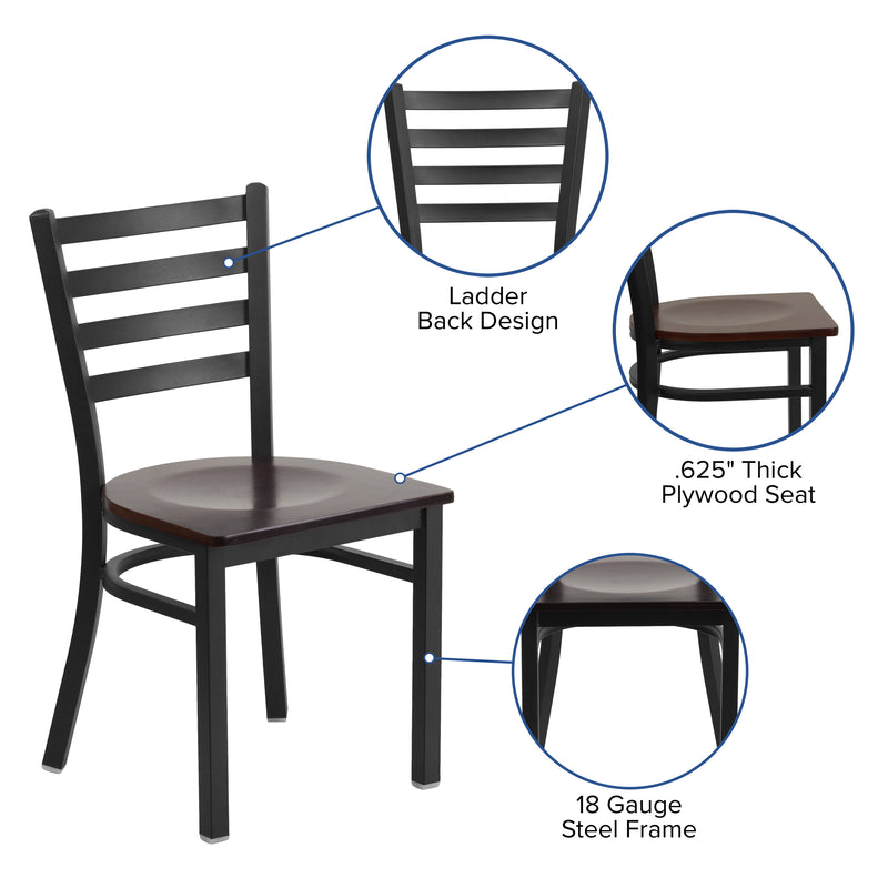 SINGLEWAVE Series Black Ladder Back Metal Restaurant Chair - Mahogany Wood Seat