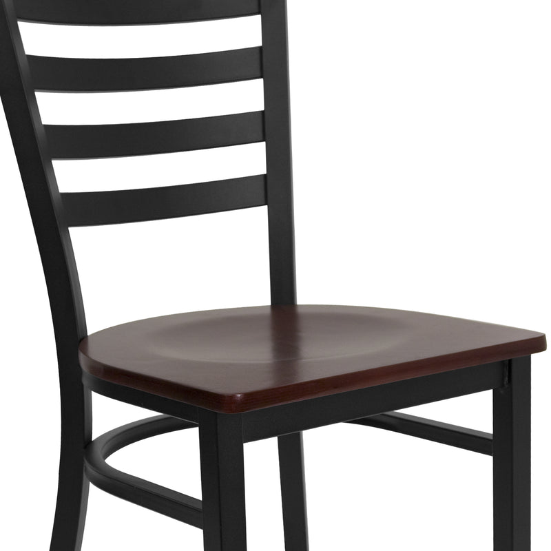 SINGLEWAVE Series Black Ladder Back Metal Restaurant Chair - Mahogany Wood Seat