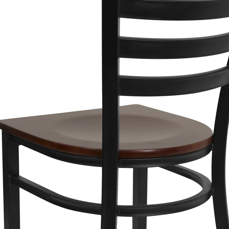 SINGLEWAVE Series Black Ladder Back Metal Restaurant Chair - Mahogany Wood Seat