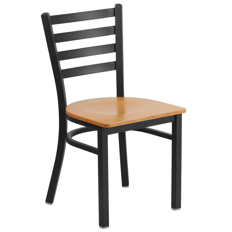 SINGLEWAVE Series Black Ladder Back Metal Restaurant Chair - Natural Wood Seat