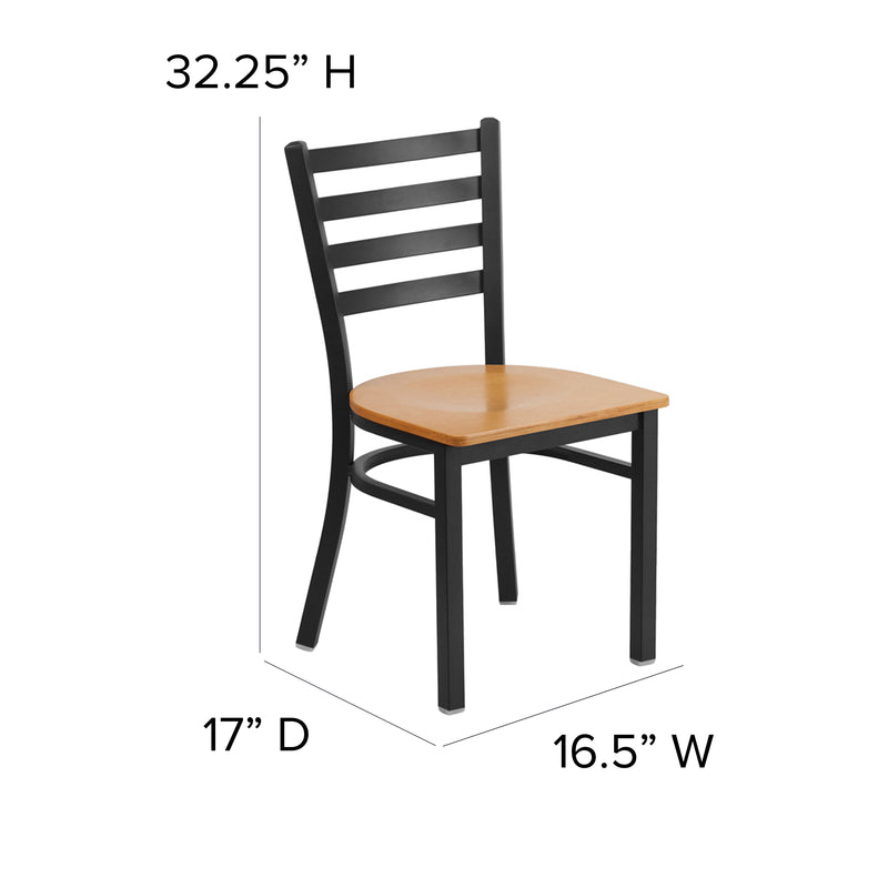 SINGLEWAVE Series Black Ladder Back Metal Restaurant Chair - Natural Wood Seat