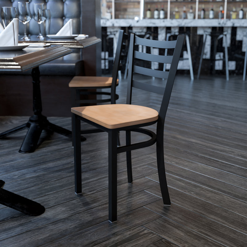 SINGLEWAVE Series Black Ladder Back Metal Restaurant Chair - Natural Wood Seat