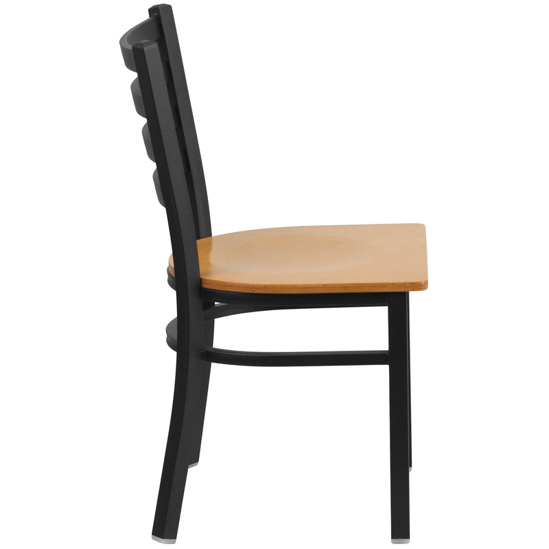 SINGLEWAVE Series Black Ladder Back Metal Restaurant Chair - Natural Wood Seat