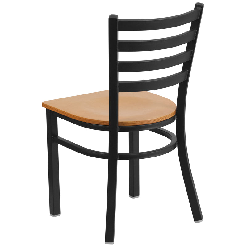 SINGLEWAVE Series Black Ladder Back Metal Restaurant Chair - Natural Wood Seat