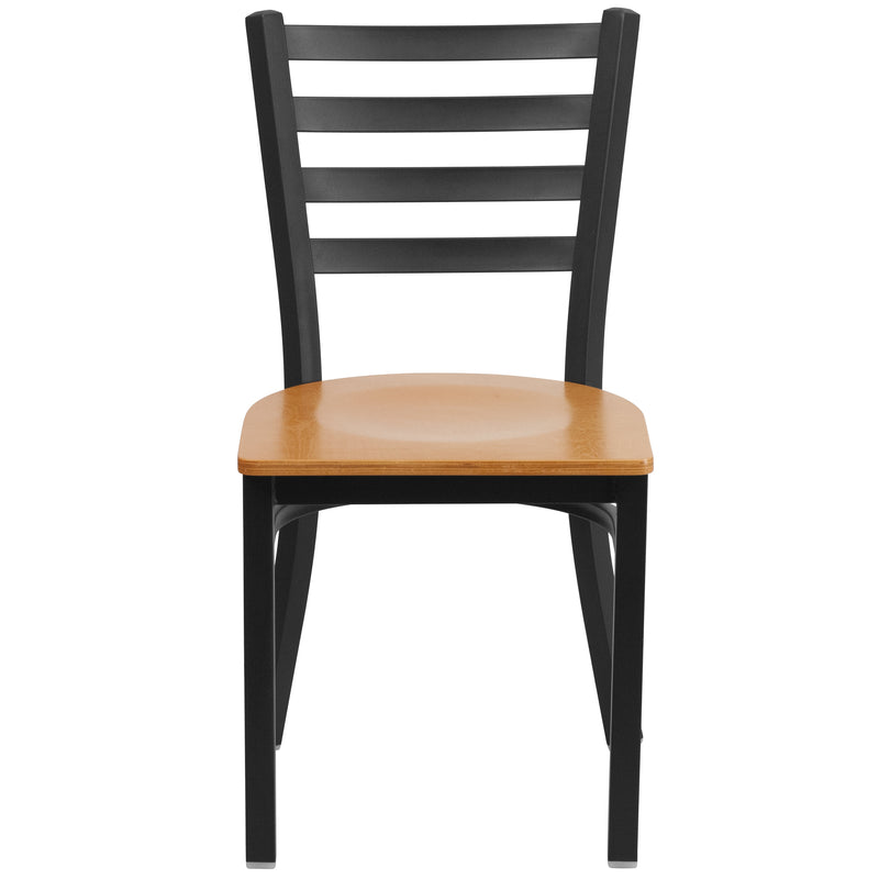 SINGLEWAVE Series Black Ladder Back Metal Restaurant Chair - Natural Wood Seat