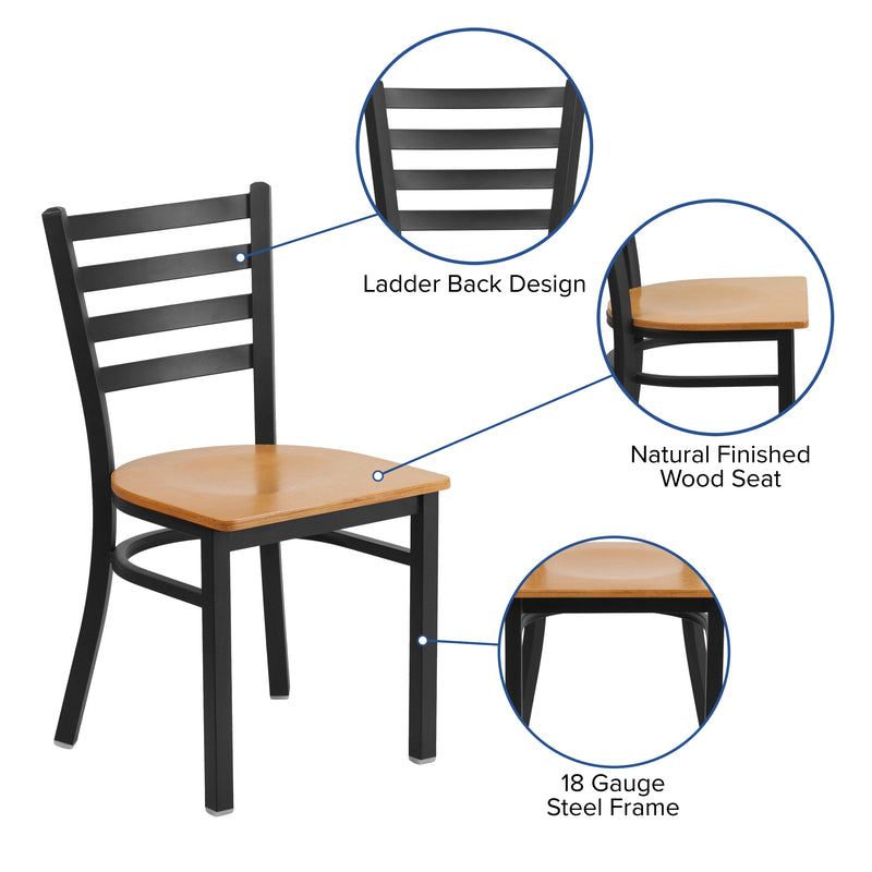 SINGLEWAVE Series Black Ladder Back Metal Restaurant Chair - Natural Wood Seat