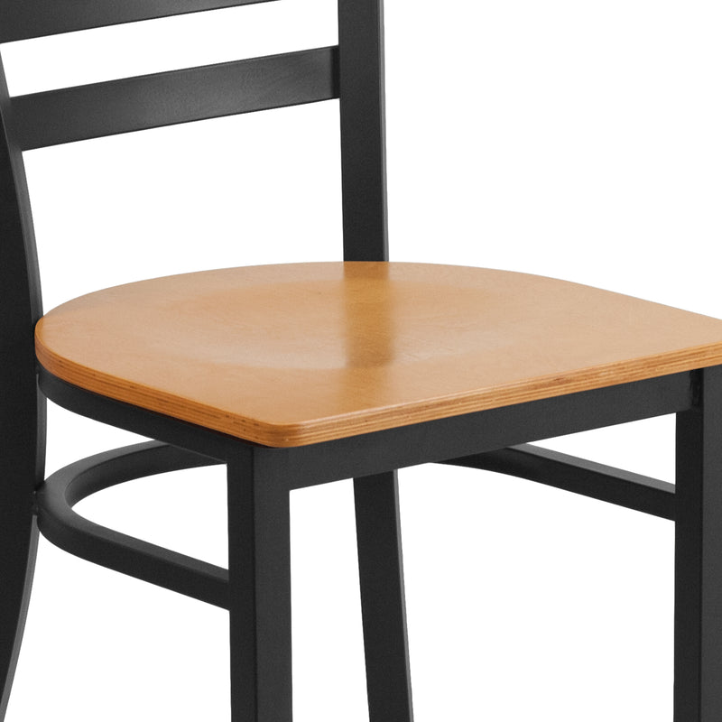 SINGLEWAVE Series Black Ladder Back Metal Restaurant Chair - Natural Wood Seat