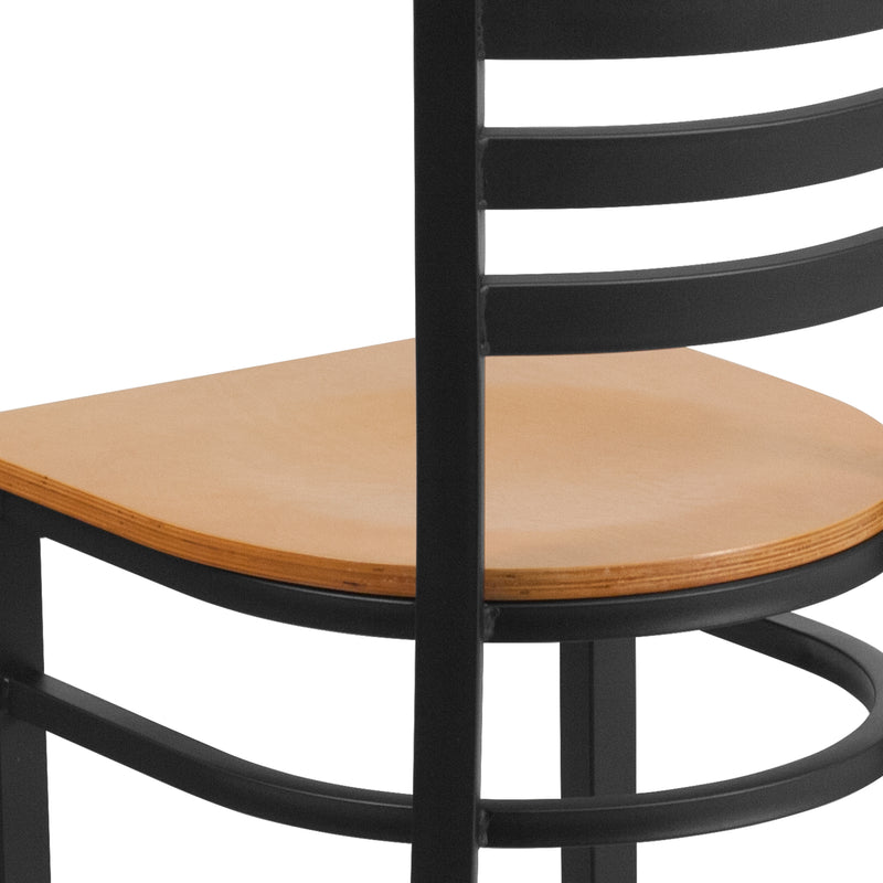 SINGLEWAVE Series Black Ladder Back Metal Restaurant Chair - Natural Wood Seat