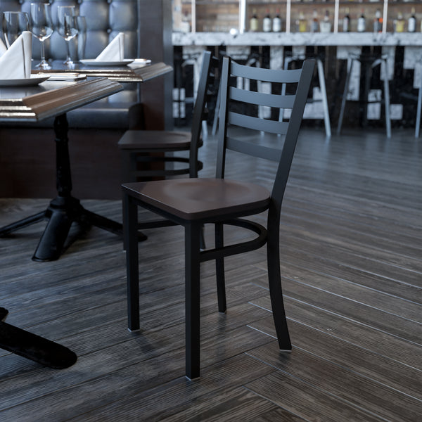 SINGLEWAVE Series Black Ladder Back Metal Restaurant Chair - Walnut Wood Seat